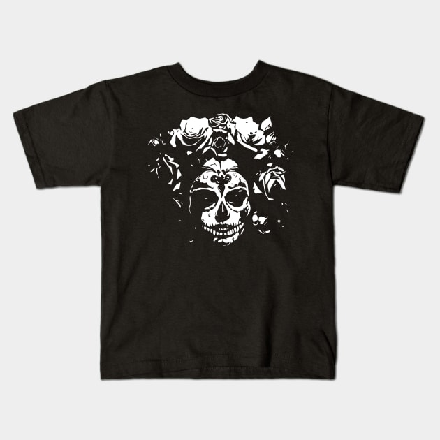 woman skull with roses Kids T-Shirt by lkn